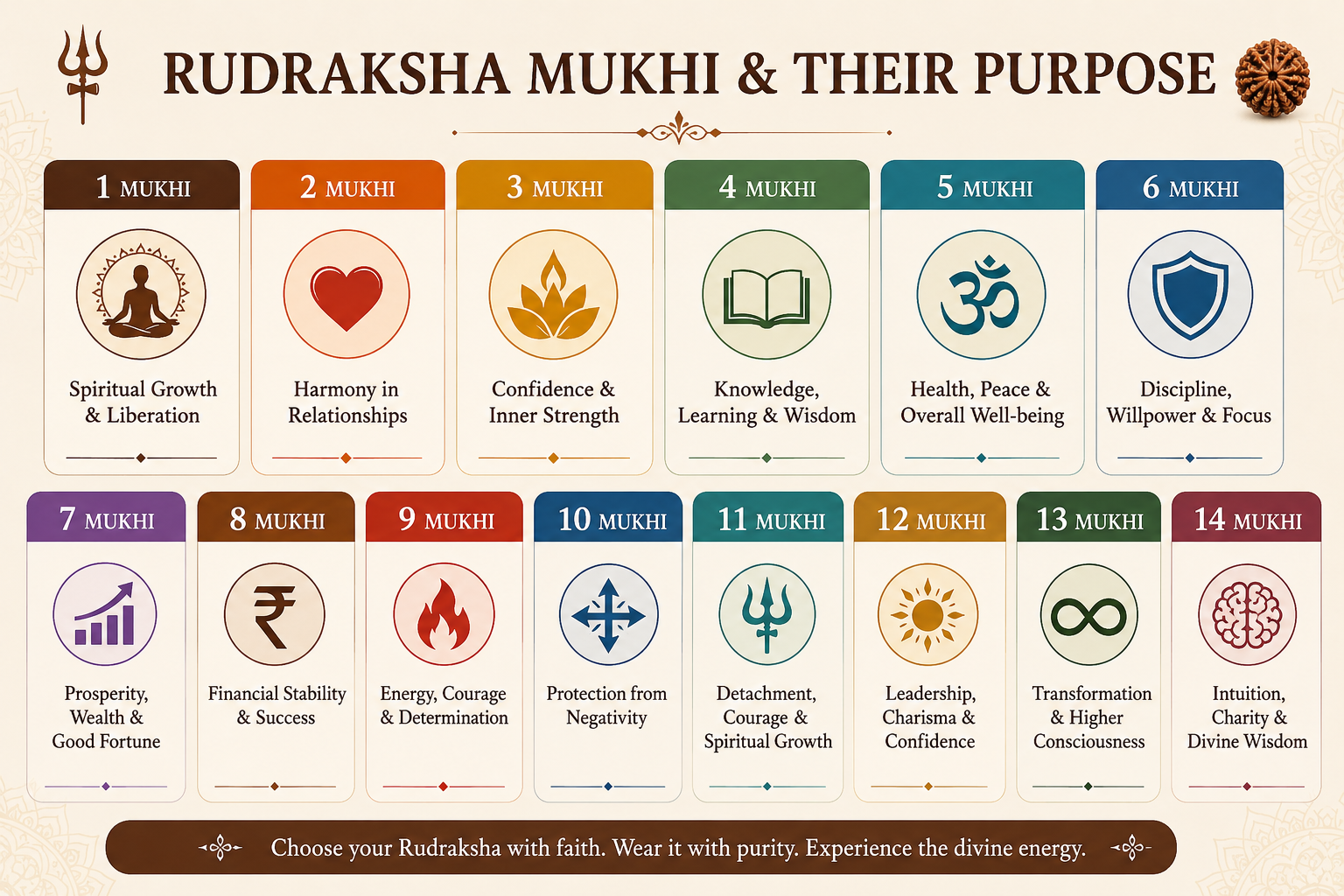 Rudraksha Purpose Wise Selection Chart 1 to 14 Mukhi Quick Reference Guide - Suyagya India